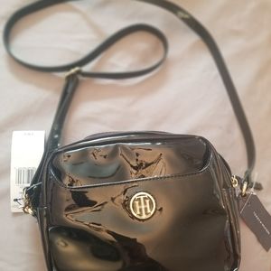￼Tommy Hilfiger 69J2818 001 Black Patent Style Crossbody Bag Purse and Pouch Set